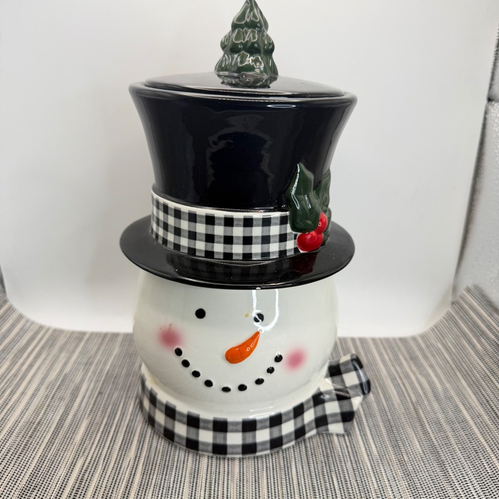 Sleigh Bell Bistro Snowman Cookie Jar Ceramic Black White Gingham Holiday Decor